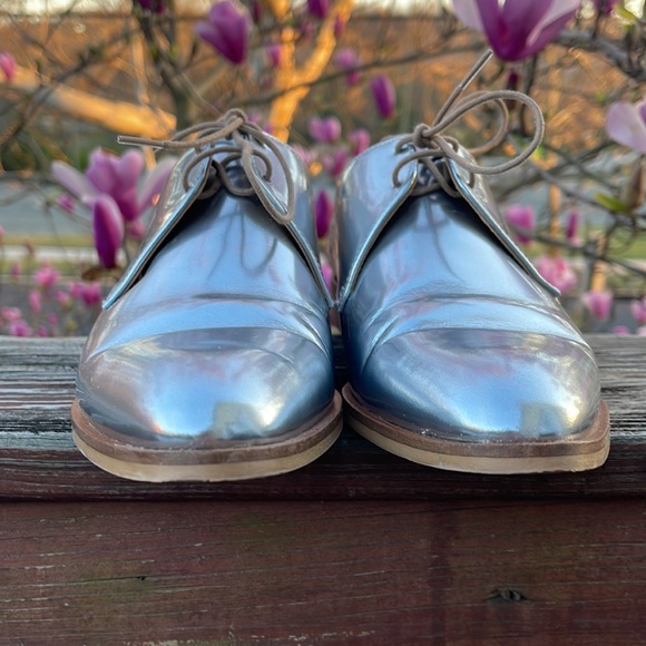 EVERLANE Italy Leather E2 Shine Modern Oxford Silver Lace up Women's Shoes Size - Picture 7 of 16